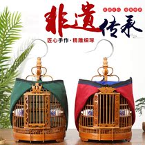 New Thrush Bird Cage Bamboo Eight Broth Bird Cage Full Set of Accessories Hand-carved Boutique Full Bamboo Cage Home Round Cage