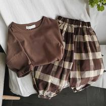 Soft cotton slim self-retention recommended Korean childrens retro plaid loose bloomers ankle-length pants 2021 Spring and Autumn