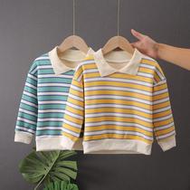 Autumn and winter boys underwear baby plus velvet coat childrens foreign-striped warm pullover casual square collar long sleeve sweater