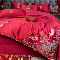 Chinese wedding red four-piece cotton cotton dragon and phoenix embroidery quilt cover single piece wedding wedding bedding