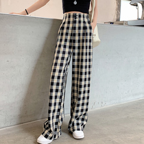 2021 spring and summer thin high-waist plaid straight womens trousers casual loose thin wide-leg pants fashion