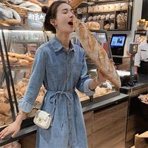 Denim dress spring and autumn 2021 temperament long sleeve foreign style fashion early autumn long dress women thin knee waist waist retro