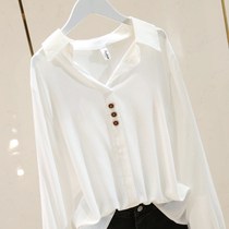 Cotton linen shirt women long sleeve Joker thin V-neck loose white top 2021 New Tide spring and autumn shirt temperament