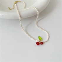 Korean version of Dongda pearl cherry necklace Girl forest necklace Cherry niche design clavicle chain