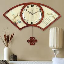 Chinese style wood clock sector clock hanging clock mute Chinese wind living room restaurant quartz clock retro creativity big hanging table