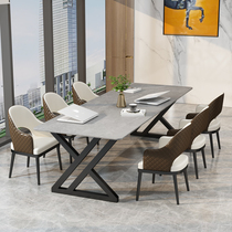 Simple modern rock board conference long table chair set combined with light luxury strip Workbench office reception marble negotiation table