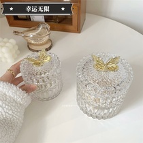 Lucky unlimited ins wind transparent glass gold butterfly jar jewelry jewelry cotton swab storage box embossed European style
