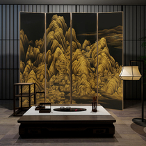 New Chinese style stainless steel edge hand-painted gold paint painting Folding mobile screen partition Living room entrance meeting room customization
