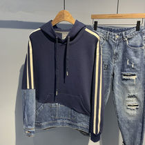 Sweater Mens Autumn 2021 New Denim Splice Mens Casual Hooded Loose Joker Long Sleeve Shirt