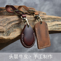Retro Head Layer Bull Leather Door Forbidden Card Cover Key Button Cell Rectangular Round Water Drop IC Induction Card Bag Hand Sewn Genuine Leather