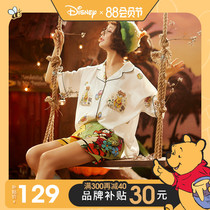 Disney Pooh bear ice silk pajamas female summer thin short-sleeved silk cartoon cute home service two-piece suit