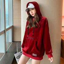 Red golden velvet vests women's autumn and winter 2022 new plus velvet padded Korean version of loose lazy wind hooded jacket