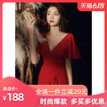 敬酒服酒红色平时可穿夏季薄款V领小个子新娘礼服鱼尾订婚连衣裙