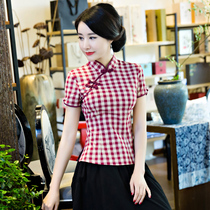 Chinese style blouse women's summer Plaid Cotton and linen Chinese style short sleeve cheongsam top ancient Chinese style Tang suit two piece suit