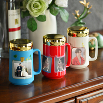 DIY creative ceramic color glaze photo cup Personality mug with lid Couple gift water cup can be customized