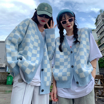 Plaid Sweater Jacket Cardigan Womens Loose Wear Spring and Autumn Joker Japanese Retro Lazy Woven Tide