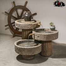 Natural old stone trough flowing water old stone mill fish tank stone flowerpot courtyard balcony tea room Chinese waterscape combination ornaments