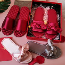 Silk wedding slippers ins festive red pair of European-style bride and groom dowry wedding bridesmaid dressing gown slippers