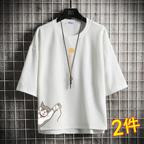 Short sleeve summer 7-sleeve t-shirt men's loose fashion brand printing fat half sleeve large 5-sleeve top