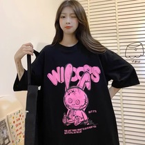 Hong Kong style American retro vintage short sleeve T-shirt female loose Korean version of ins Harajuku wind hiphop fried street blouse