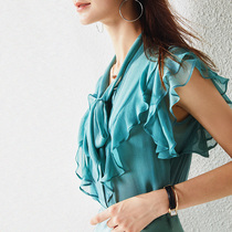 U. N.q french fresh double layer mulberry silk solid romantic Ruffle Georgie silk shirt top female