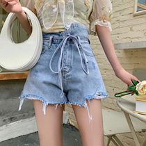 Q women's irregular drawstring denim shorts women's high waist a-word thin wash water burr new design feeling pants trend