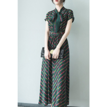 2020 summer new mulberry silk light mature elegant Stripe Print Long Skirt bow waistband silk dress female