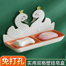 Punch-free wall-mounted soap box home cartoon bathroom rack toilet creative double grid drain soap box