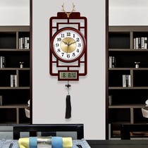 Hung clock Clock Living room New Chinese wood clock Wanyear calendar hanging wall clock muted quartz hanging bell 158