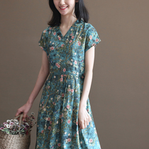 三五年Q501夏装森系天丝苎麻复古印花V领宽松日系连衣裙中长裙女