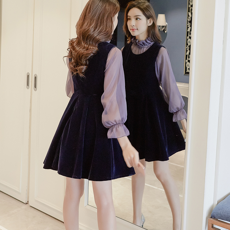 高腰蓬蓬连衣裙春装2018新款女装小香风背带两件套甜美时髦套装裙