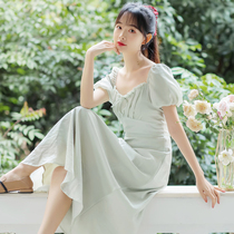 2020 new summer soft wind super fairy small fresh square collar bubble sleeve dress mid length first love skirt