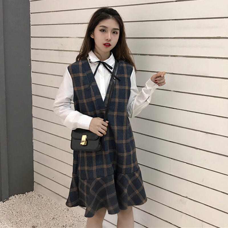 春秋女装韩版气质系带假两件格子拼接中长款长袖荷叶边连衣裙显瘦