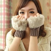 Korean version of autumn and winter warm gloves ladies half finger gloves plush padded knitted gloves open finger touch screen gloves