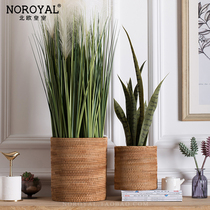 American retro pastoral decorative potted rattan fake flower pot Green Planter Nordic hand-woven round storage bucket
