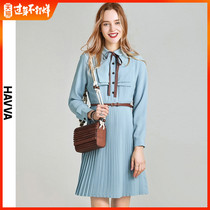 Havva2020 early spring new inside skirt bow blue pleated shirt dress women q33520