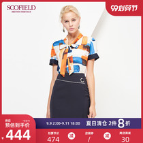SCOFIELD Women's Commuter Contrast Color Printing Straight Lady's Bow Tie Shirt SFBA72508Q