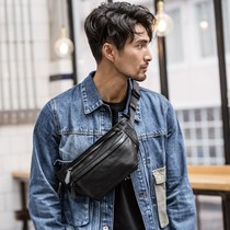 Mens shoulder bag ins Super fire breast bag leather running bag shoulder bag casual head leather small satchel bag Tide brand Black