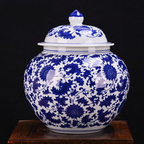 Jingdezhen ceramic antique blue and white tangled lotus general jar storage tea jar with lid porcelain jar large ornament