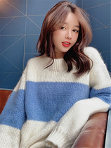 Lazy wind contrast sweater women's 2021 autumn and winter new loose large version simple fashion pullover sweater