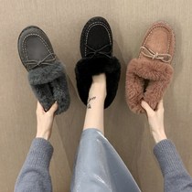 2021 autumn new large size foreign trade sleeve short tube plush round head low heel pine cake bottom spot snow boots women