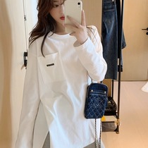 Pure cotton white Korean version of split T-shirt women with new spring and autumn loose slim long sleeve top Joker base shirt