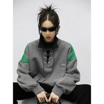 Womens new original design 90s lapel collar color strap plus velvet thick loose sweater Joker womens top