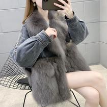 2021 light fur splicing imitation fox fur denim Haining bear imitation New Parker coat female down