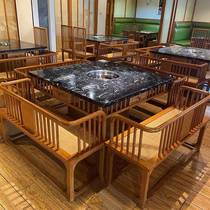 Electromagnetic furnace commercial smoke-free string barbecue tables combined custom marble solid wood hot pot table