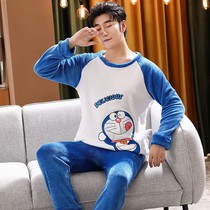 Autumn and winter padded pajamas male coral flannel middle school students cartoon teenagers winter sleep home clothing suit
