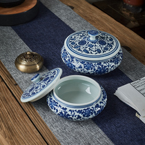 Jingdezhen blue and white tangled lotus storage jar tea jar lid jar flat belly jar ceramic jar Chinese Bogu rack ornaments