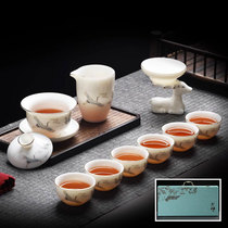 The Seal of the Seal Handmade Chinese Goat Grease Jade Tea Set Suit Home Office Desolation White Porcelain Three-cover Bowl Tea Cup Anti-Burn
