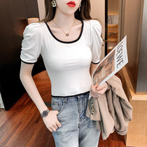 Tide brand 2021 summer new open clavicle sexy little shirt womens Korean version of sweet foreign temperament top short-sleeved T-shirt