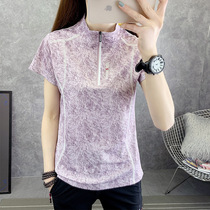 Professional sports womens short sleeve T-shirt summer Half zipper stand collar outdoor running fitness breathable quick-drying top